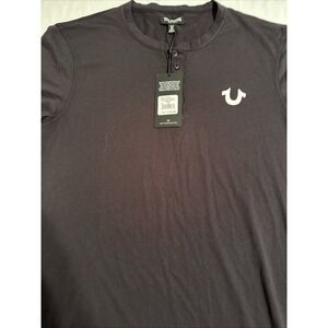 SHIRT HENLEY True Religion Henley Mens MEDIUM  JET BLACK Horseshoe Logo 3 Button